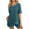 image:imageEkouaer Womens Waffle Knit Two Piece Lounge Set Soft Matching Outfits for Daily Wear Casual Shorts Set with PocketPeacock Blue
