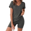 image:imageEkouaer Biker Short Sets Women 2 Piece Outfits Ribbed Pajama Short Sleeve Workout SetGrey