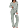 image:imageEkouaer Lounge Sets for Women Long Sleeve Knit Ribbed Pajama Sets 2 Piece Casual Loungewear with PocketsLight Green