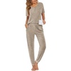 image:imageEkouaer Pajamas for Women Set 2 Piece Rib Knit Lounge Set Joggers Loungewear Short Sleeve Pjs with PocketsKhaki