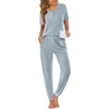 image:imageEkouaer Pajamas for Women Set 2 Piece Rib Knit Lounge Set Joggers Loungewear Short Sleeve Pjs with PocketsLight Blue