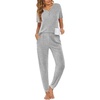 image:imageEkouaer Pajamas for Women Set 2 Piece Rib Knit Lounge Set Joggers Loungewear Short Sleeve Pjs with PocketsLight Gray