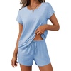 image:imageEkouaer Women 2 Piece Pajamas Set Short Sleeve Comfy Lounge Set Round Neck Tops and Shorts Pjs with PocketsBlue