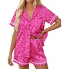 image:imageEkouaer Womens Silk Pajama Sets Button Up Satin Pjs Short Sleeve 2 Piece Pj Sets Cute Lounge Sets with Chest PocketLeopard Print Pink