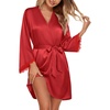 image:imageEkouaer Womens Silk Robe Short Satin Kimono Robe 34 Sleeves Lace Trim Bathrobe V Neck Bride Bridsmaid Sleepwear with Pocket