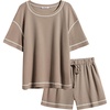 image:imageEkouaer Womens Waffle Knit Two Piece Lounge Set Soft Matching Outfits for Daily Wear Casual Shorts Set with PocketKhaki