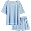 image:imageEkouaer Womens Waffle Knit Two Piece Lounge Set Soft Matching Outfits for Daily Wear Casual Shorts Set with PocketLight Blue