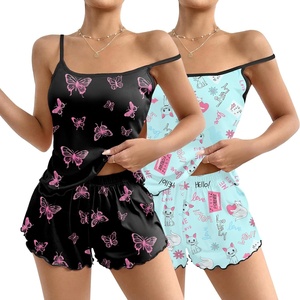 image:imageEkouaer 2 Pack Womens Cami Pajama Sets Cute Print Tank Top Pjs and Shorts Camisole Lounge SetBlack Butterflyblue Cat