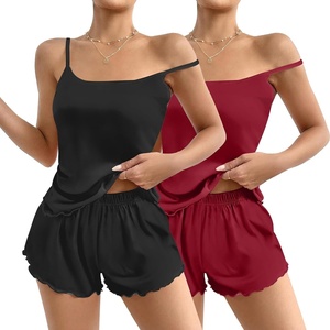 image:imageEkouaer 2 Pack Womens Cami Pajama Sets Cute Print Tank Top Pjs and Shorts Camisole Lounge SetBlackwind Red