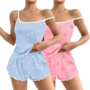 image:imageEkouaer 2 Pack Womens Cami Pajama Sets Cute Print Tank Top Pjs and Shorts Camisole Lounge SetBlue Starpink Heart