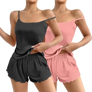 image:imageEkouaer 2 Pack Womens Cami Pajama Sets Cute Print Tank Top Pjs and Shorts Camisole Lounge SetGreypink