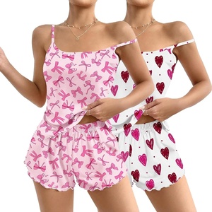 image:imageEkouaer 2 Pack Womens Cami Pajama Sets Cute Print Tank Top Pjs and Shorts Camisole Lounge SetPink Bowwhite Brush Heart