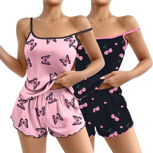 image:imageEkouaer 2 Pack Womens Cami Pajama Sets Cute Print Tank Top Pjs and Shorts Camisole Lounge SetPink Butterflyblack Cherry