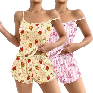 image:imageEkouaer 2 Pack Womens Cami Pajama Sets Cute Print Tank Top Pjs and Shorts Camisole Lounge SetStrawberry Bowstriped Pink Heart