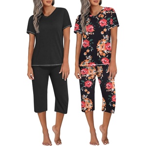 image:imageEkouaer 2 Pack Womens Capri Pajama Sets Short Sleeve TwoPiece Pjs V Neck Tops amp Pants Printed Lounge Sets S3XLBlack Flowerblack