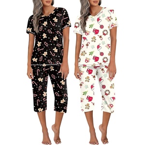 image:imageEkouaer 2 Pack Womens Capri Pajama Sets Short Sleeve TwoPiece Pjs V Neck Tops amp Pants Printed Lounge Sets S3XLGp20