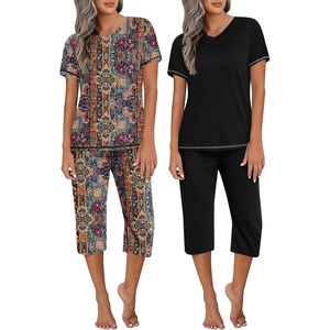 image:imageEkouaer 2 Pack Womens Capri Pajama Sets Short Sleeve TwoPiece Pjs V Neck Tops amp Pants Printed Lounge Sets S3XLGp21