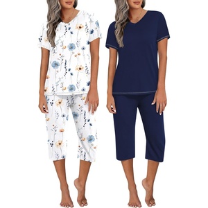 image:imageEkouaer 2 Pack Womens Capri Pajama Sets Short Sleeve TwoPiece Pjs V Neck Tops amp Pants Printed Lounge Sets S3XLGp22