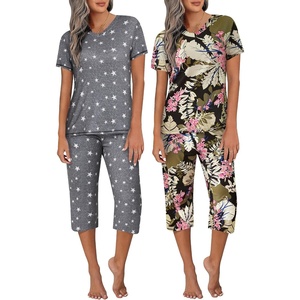 image:imageEkouaer 2 Pack Womens Capri Pajama Sets Short Sleeve TwoPiece Pjs V Neck Tops amp Pants Printed Lounge Sets S3XLGp3