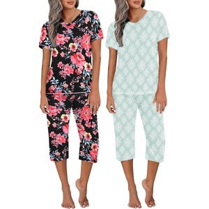 image:imageEkouaer 2 Pack Womens Capri Pajama Sets Short Sleeve TwoPiece Pjs V Neck Tops amp Pants Printed Lounge Sets S3XLGp4