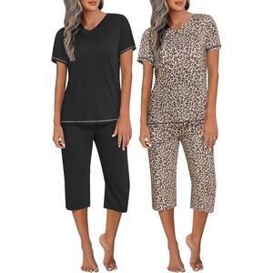 image:imageEkouaer 2 Pack Womens Capri Pajama Sets Short Sleeve TwoPiece Pjs V Neck Tops amp Pants Printed Lounge Sets S3XLGp7