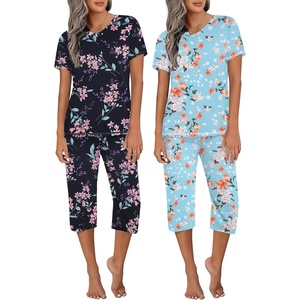 image:imageEkouaer 2 Pack Womens Capri Pajama Sets Short Sleeve TwoPiece Pjs V Neck Tops amp Pants Printed Lounge Sets S3XLGp8
