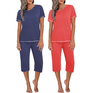 image:imageEkouaer 2 Pack Womens Capri Pajama Sets Short Sleeve TwoPiece Pjs V Neck Tops amp Pants Printed Lounge Sets S3XLGp9