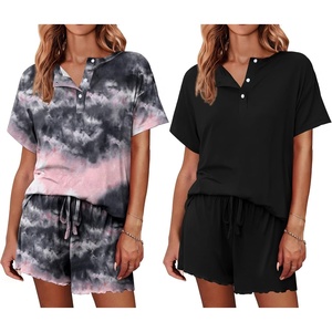 image:imageEkouaer 2 Pack Womens Pajama Sets Short Sleeve Top with Shorts Soft Comfy Loungewear Sleepwear SXXLAtie Dye Black PinkBlack