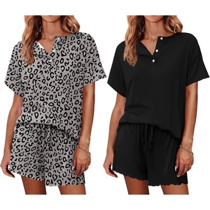 image:imageEkouaer 2 Pack Womens Pajama Sets Short Sleeve Top with Shorts Soft Comfy Loungewear Sleepwear SXXLGray LeopardBlack