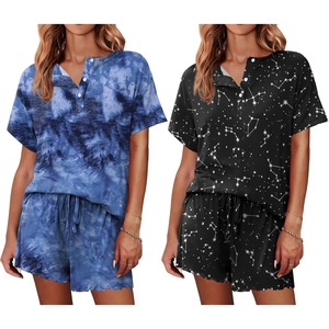 image:imageEkouaer 2 Pack Womens Pajama Sets Short Sleeve Top with Shorts Soft Comfy Loungewear Sleepwear SXXLTie Dye BlueBlack Sky