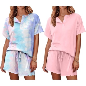 image:imageEkouaer 2 Pack Womens Pajama Sets Short Sleeve Top with Shorts Soft Comfy Loungewear Sleepwear SXXLTie Dye Pink BluePink