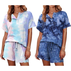 image:imageEkouaer 2 Pack Womens Pajama Sets Short Sleeve Top with Shorts Soft Comfy Loungewear Sleepwear SXXLTie Dye Pink BlueTie Dye Blue