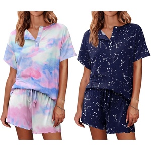 image:imageEkouaer 2 Pack Womens Pajama Sets Short Sleeve Top with Shorts Soft Comfy Loungewear Sleepwear SXXLTie Dye RainbowBlue Sky