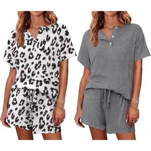image:imageEkouaer 2 Pack Womens Pajama Sets Short Sleeve Top with Shorts Soft Comfy Loungewear Sleepwear SXXLWhite LeopardGray