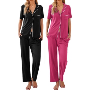 image:imageEkouaer 2 PackWomens Pajamas Short Sleeve Pjs Notch Collar Button Up Loungewear Cozy Sleepwear SetsBlackhot Pink