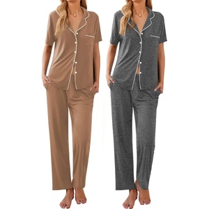 image:imageEkouaer 2 PackWomens Pajamas Short Sleeve Pjs Notch Collar Button Up Loungewear Cozy Sleepwear SetsBrownmedium Gray