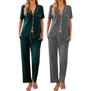 image:imageEkouaer 2 PackWomens Pajamas Short Sleeve Pjs Notch Collar Button Up Loungewear Cozy Sleepwear SetsDark Greydark Green