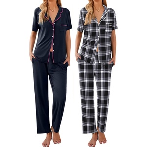 image:imageEkouaer 2 PackWomens Pajamas Short Sleeve Pjs Notch Collar Button Up Loungewear Cozy Sleepwear SetsDeep Blueblack Plaid