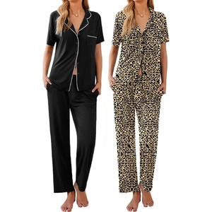 image:imageEkouaer 2 PackWomens Pajamas Short Sleeve Pjs Notch Collar Button Up Loungewear Cozy Sleepwear SetsLeopard Printblack