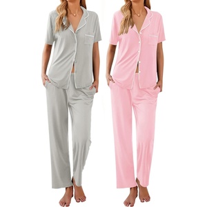 image:imageEkouaer 2 PackWomens Pajamas Short Sleeve Pjs Notch Collar Button Up Loungewear Cozy Sleepwear SetsLight Graypink