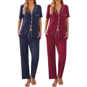 image:imageEkouaer 2 PackWomens Pajamas Short Sleeve Pjs Notch Collar Button Up Loungewear Cozy Sleepwear SetsNavy Bluewine Red