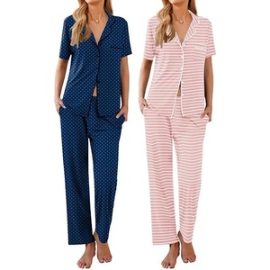 image:imageEkouaer 2 PackWomens Pajamas Short Sleeve Pjs Notch Collar Button Up Loungewear Cozy Sleepwear SetsPink Stripenavy Blue