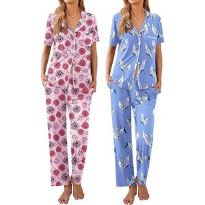 image:imageEkouaer 2 PackWomens Pajamas Short Sleeve Pjs Notch Collar Button Up Loungewear Cozy Sleepwear SetsRose and Flower