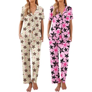 image:imageEkouaer 2 PackWomens Pajamas Short Sleeve Pjs Notch Collar Button Up Loungewear Cozy Sleepwear SetsStars and Bows