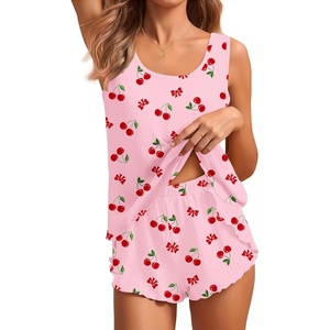 image:imageEkouaer 2 Pieces Womens Tank Top Pajamas Set Soft Sleepwear Sleeveless Cami and Shorts Summer Loungewear Pjs SetPink Cherry