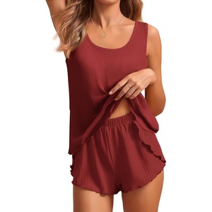 image:imageEkouaer 2 Pieces Womens Tank Top Pajamas Set Soft Sleepwear Sleeveless Cami and Shorts Summer Loungewear Pjs SetWine Red