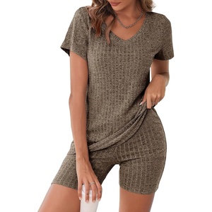 image:imageEkouaer Biker Short Sets Women 2 Piece Outfits Ribbed Pajama Short Sleeve Workout SetBrown