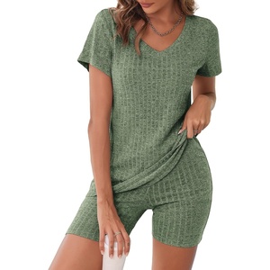 image:imageEkouaer Biker Short Sets Women 2 Piece Outfits Ribbed Pajama Short Sleeve Workout SetDark Green