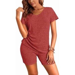 image:imageEkouaer Biker Short Sets Women 2 Piece Outfits Ribbed Pajama Short Sleeve Workout SetDark Red