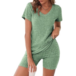 image:imageEkouaer Biker Short Sets Women 2 Piece Outfits Ribbed Pajama Short Sleeve Workout SetGreen